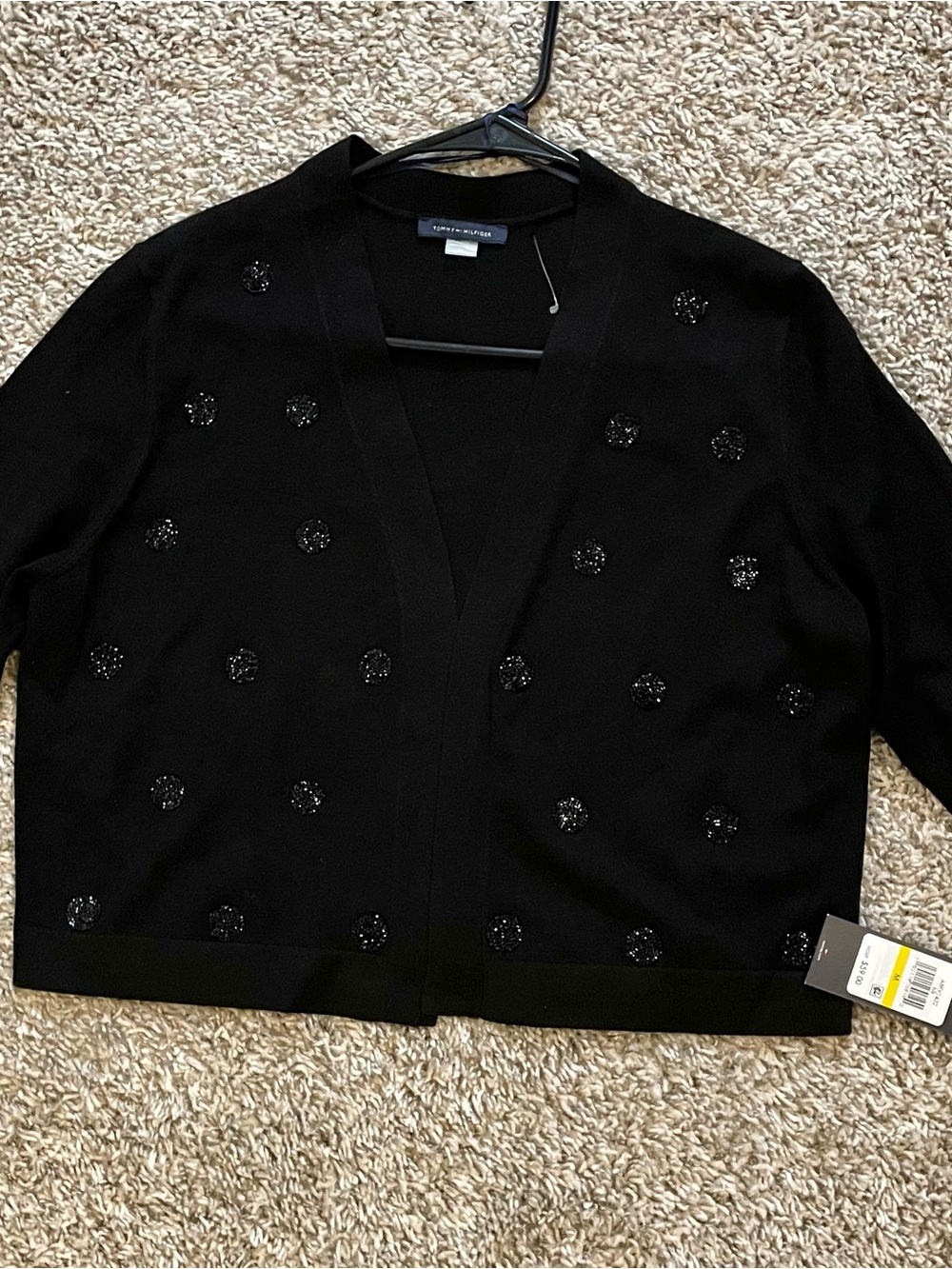 Tommy Hilfiger Black Beaded Polka Dot 3/4 Sleeve Cardigan NWT - Picture 2 of 4